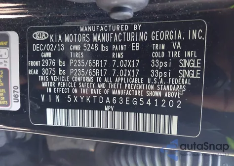 2014 Kia Sorento Lx z USA, uszkodzony, nr VIN 5XYKTDA63EG541202